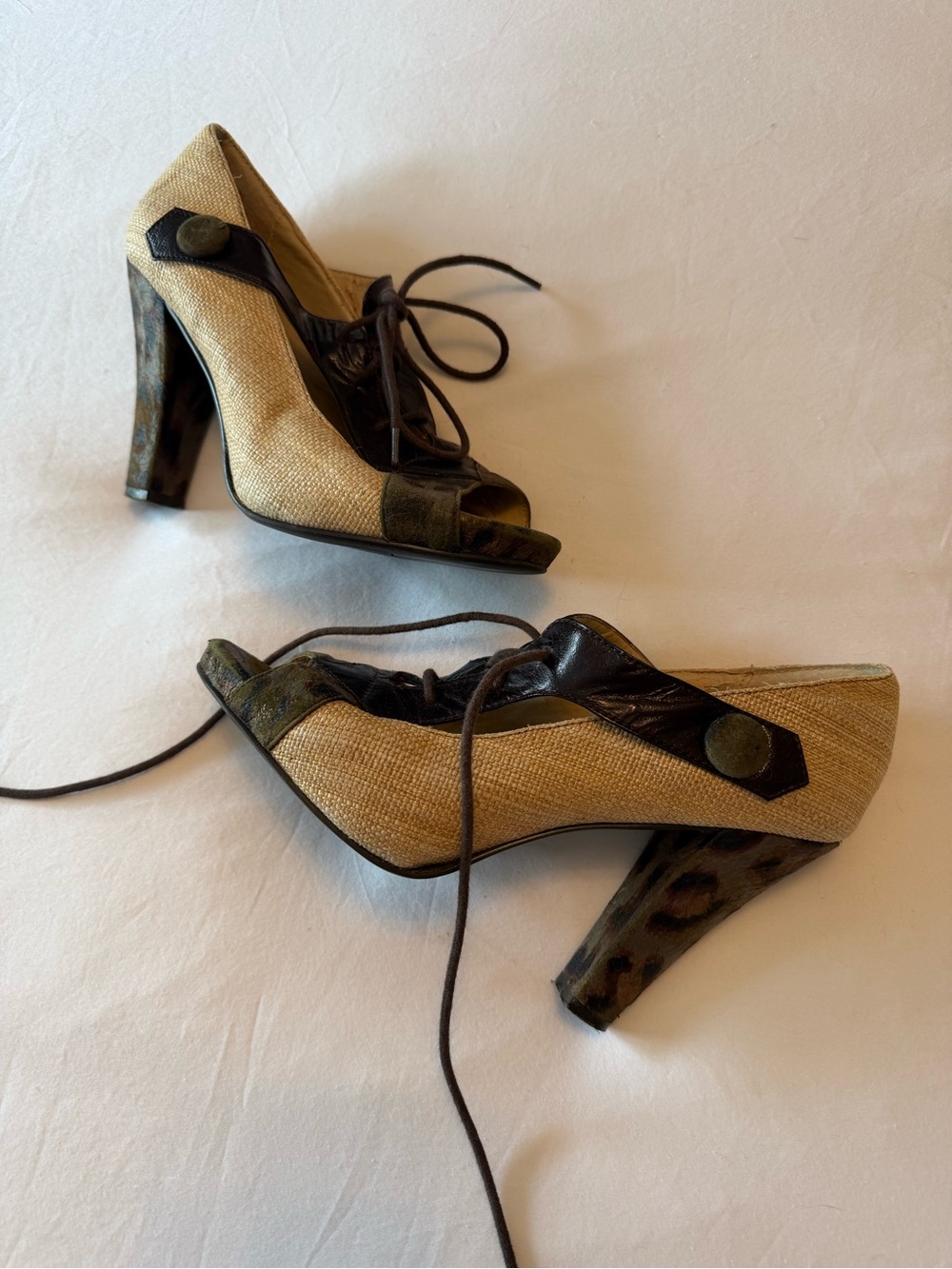 naughty monkey Tan Straw and Brown Peep-Toe Lace-Up Heels